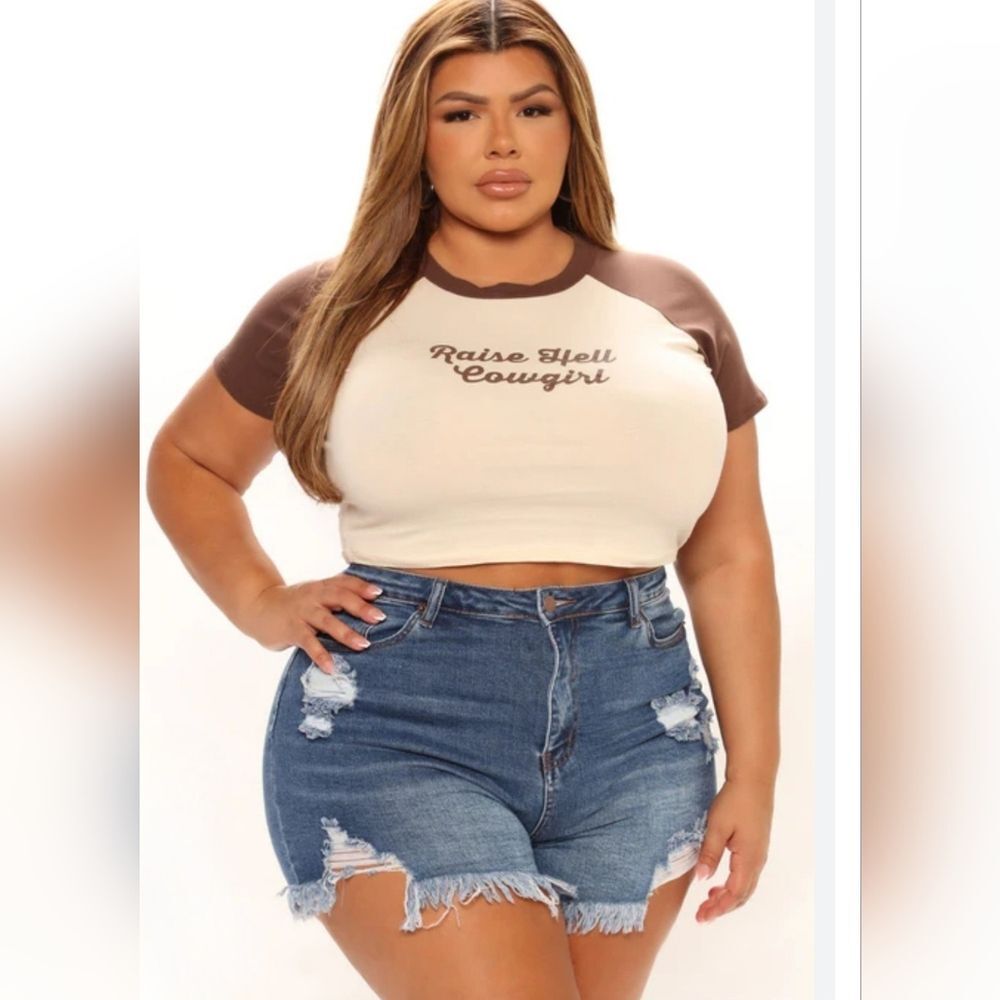 Fashion Nova 1X "Raise Hell Cowgirl" Raglan Tee Brown/combo E-2044